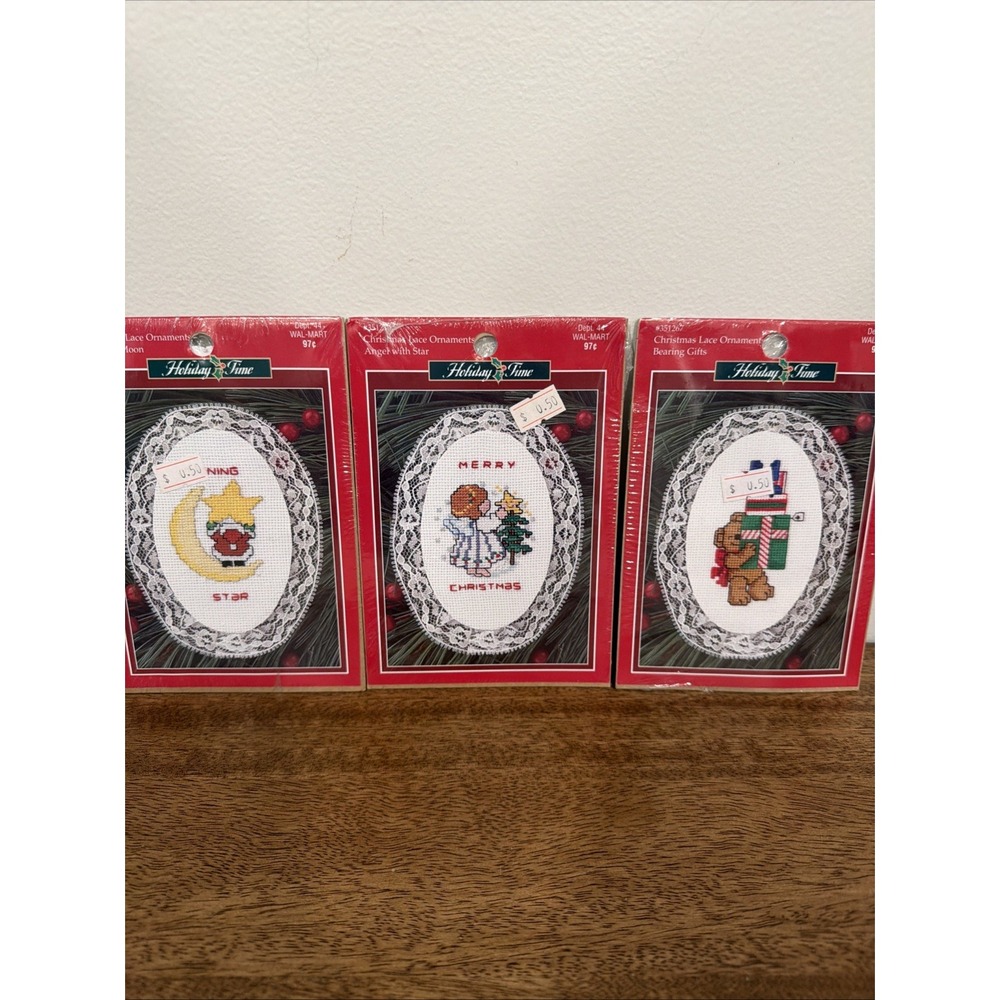 Holiday Time Christmas Lace Ornaments Counted Cross Stitch Kits Set Of 3 Holiday